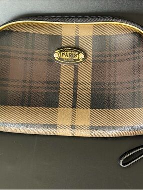 Aris Plaid Cosmetic Pouch in Brown and Black with Gold Emblem